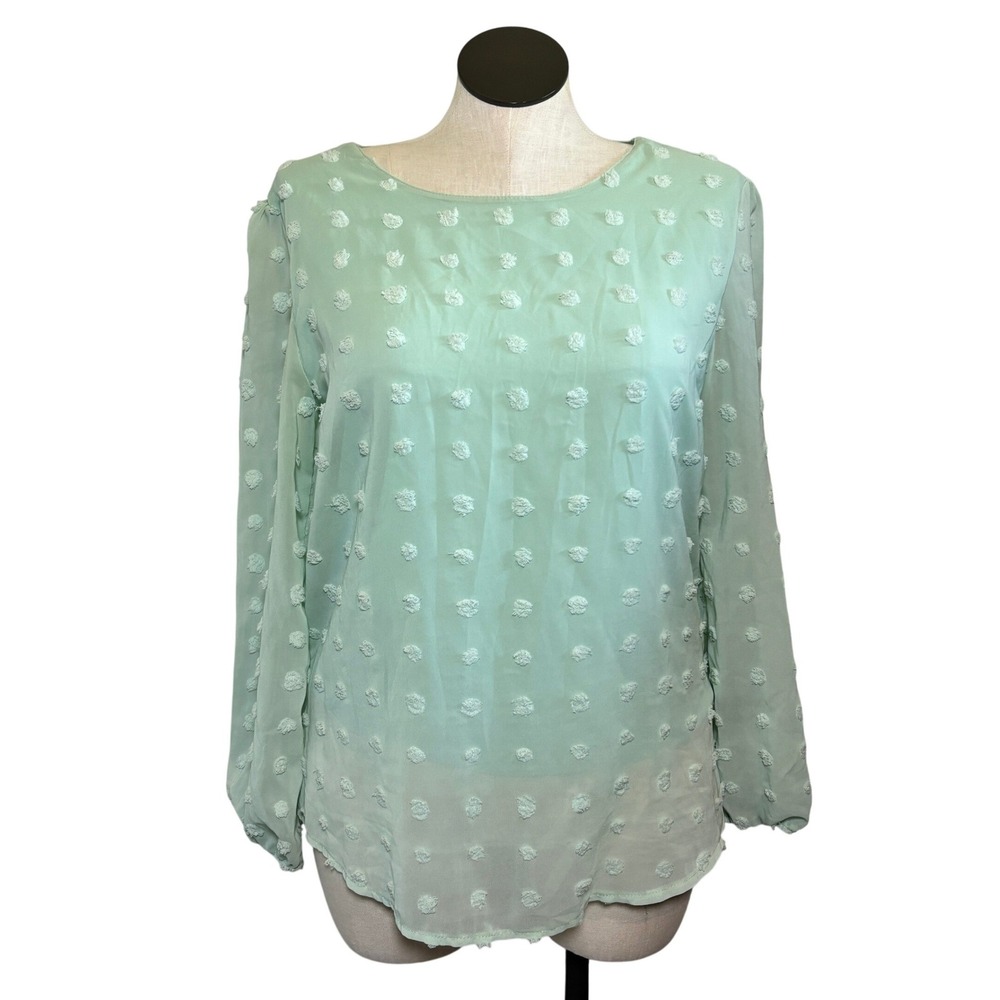 Qearal‎ Mint Green Swiss Dot Long Sleeve Blouse Womens Large Puff Sleeve Top